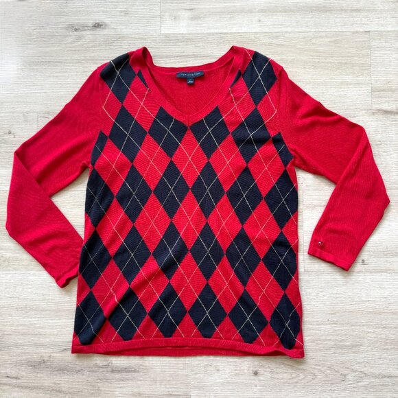Tommy Hilfiger Argyle Diamond Sweater Large Red V-Neck Long Sleeve Pullover - Picture 1 of 9